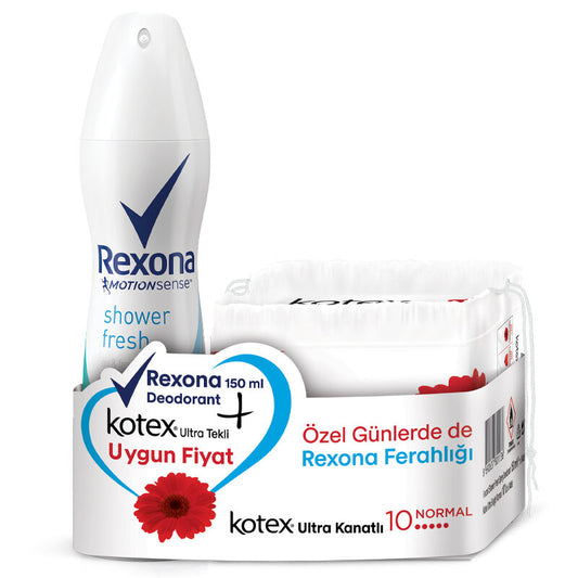 Rexona Shower Fresh Kadın Deodorant Sprey 150 ml + Kotex Ultra Tekli Normal Hijyenik Ped 10'lu
