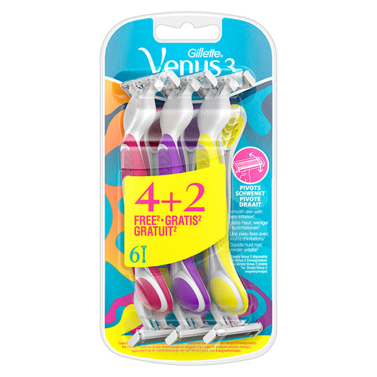 Gillette Venus Renkli 3 Bıçaklı Kullan At Kadın Tıraş Bıçağı 4 + 2 Adet
