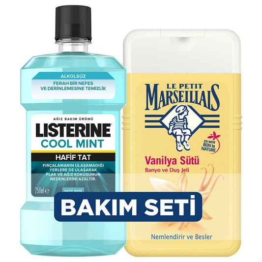 Listerine Cool Mint Hafif Tat Ağız Bakım Suyu 250 ml + Le Petit Marseillais Vanilya Sütü Banyo ve Duş Jeli 250 ml